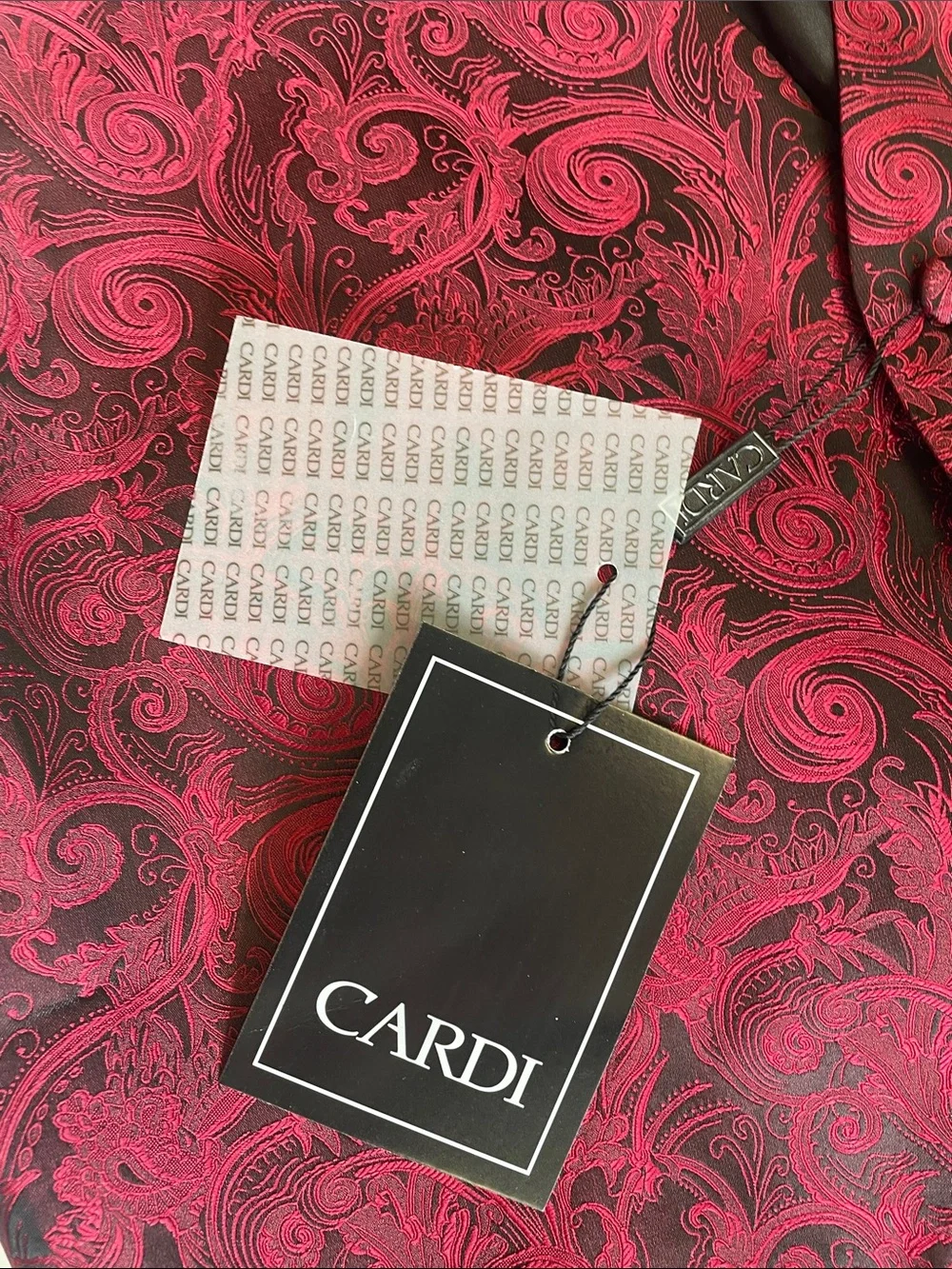 Cardi Men's Apple Red Paisley Tuxedo Vest with Matching Bow Tie